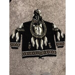 Vintage Andes Alpaca Wool Wolf Dream Catcher Gray Full Zip Hooded Sweater FLAWED